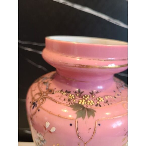 Lg Antique Harrach Bohemian Czech Pink Opaline Overlay Vase Flowers & Bees 14” - Picture 10 of 16